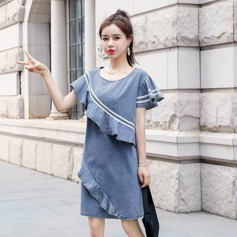 Đầm Jean Suông Phối Bèo - HN1008